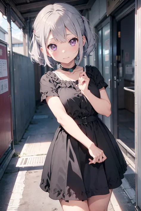 kawaiitech, pastel colors, kawaii, cute colors, Seiko Kimura (Danganronpa/Seiko Kimura) 1girl, gray hair, short hair, purple eyes, bangs over one eye, black dress, ((((black dress))))