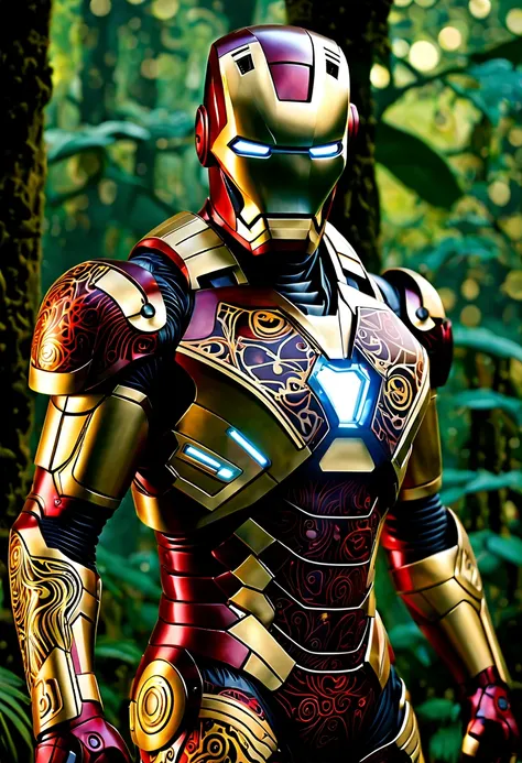 bipoc men Iron Man as RoboCop, ideal body anatomy. clear beautiful look, perfect eyes... a mixture of gothic. Harlequin Punk Gustav Klimt/Piet Mondrian, geometric tribal pattern, velvet fabrics, big cute eyes, showcasing cybernetic enhancements, scrolling ...