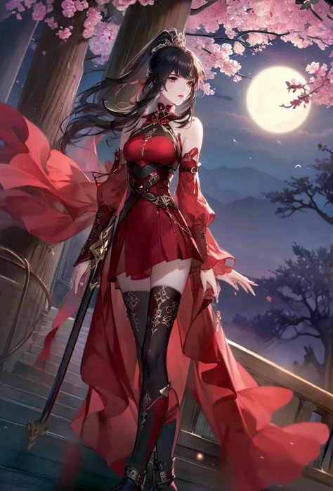 (best quality), ((masterpiece)), (highres), illustration, original, extremely detailed,licg, 1girl, bird, black hair, ponytail, thighhighs, long hair, solo, red dress, weapon, dress, tree, sword, boots, hair ornament, moon