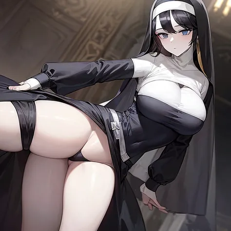 (((Alone))),(((Woman))),(((Big breasts))),(((Thin waist))),(((Large thighs))),(((Pale skin)) ),(((Gothic))),(((Black hair))),(((Blue eyes))),(((Wearing a nuns outfit)))