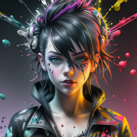 ink splash, paint splatter, girl, panoramic, Ultra high saturation, (best quality, masterpiece, Representative work, official art, Professional, 8k)