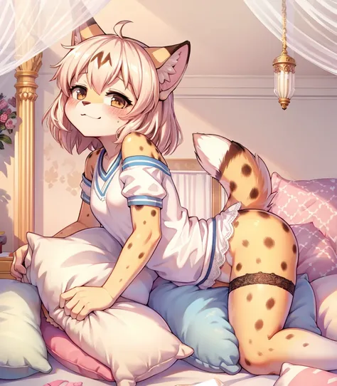 alone, beast wild, fluffy woman, Tigre, Serval ears,, (Maximum details), (light and shadow),Serval tail, SHORT HAIR, pillow background, 穿着school shirt的可爱女孩在枕头上摆姿势, student, school skirt, (deep blues), school shirt, (white), Nature,, (Blushed),a smile，pillo...