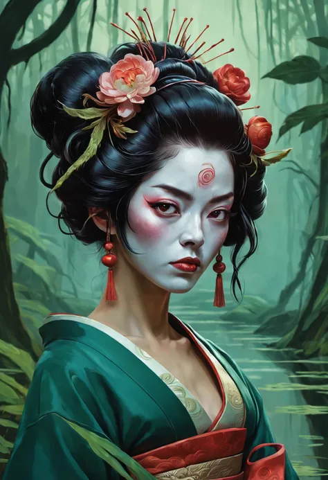 - jaime vives piqueres - half body portrait, lovecraftian cyberpunk geisha in swamp multiverse, by andrei riabovitchev, by vikto...