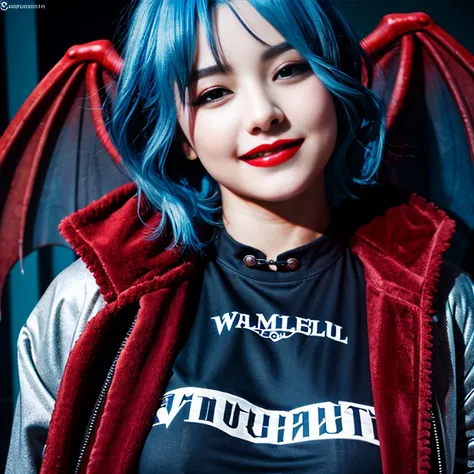 (((remilia scarlet))), (bat wings), (vampire), short hair, (((blue hair))), ((standing)), ((((face close up)))), ((jacket, taut ...