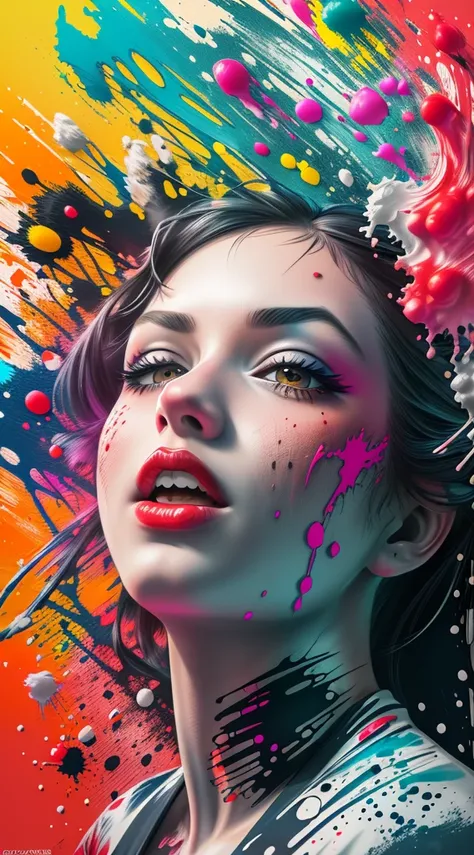 ink splash, paint splatter, girl, panoramic, Ultra high saturation, (best quality, masterpiece, Representative work, official art, Professional, 8k)