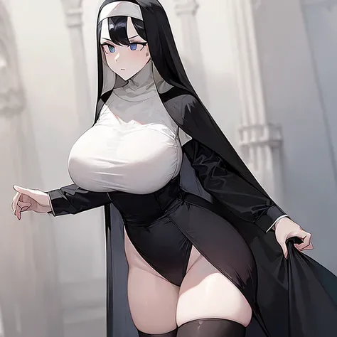 (((Alone))),(((Woman))),(((Big breasts))),(((Thin waist))),(((Large thighs))),(((Pale skin)) ),(((Gothic))),(((Black hair))),(((Blue eyes))),(((Wearing a nuns outfit)))