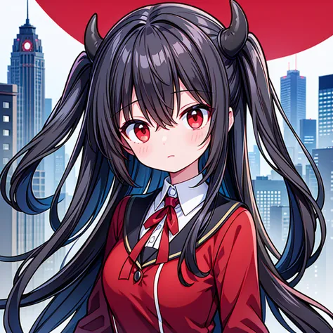 ultra high resolution，devil，black hair，red eyes，devilの羽，devilの角，school uniform，cute girl，，Ladylike，city background