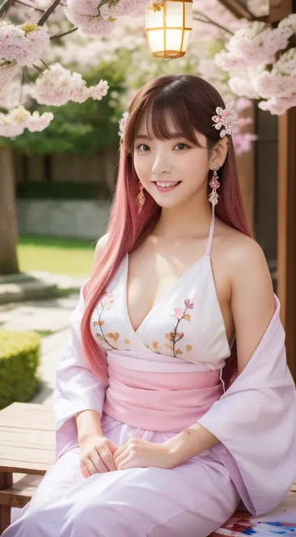 1 girl, (Ulzzang-6500:0.7), K-POP idol, yae miko, removed sleeve, bare shoulders, pink hair, long hair, kimono, highest quality, (painting:1.5), (hair ornaments:1.35), jewelry, purple eyes, earrings, chest, torii,  cherry blossoms,  lantern light, Depth of...