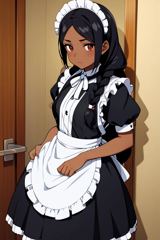 Low, dark-skinned girl with black braided hair, in a maids costume