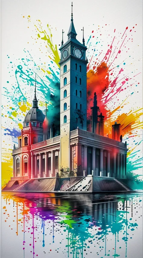 ink splash, paint splatter, building, panoramic, Ultra high saturation, (best quality, masterpiece, Representative work, official art, Professional, 8k)