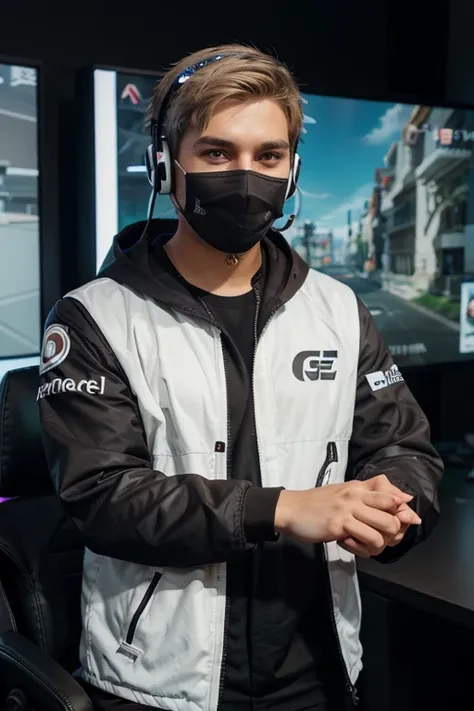 I want the front view of a young man with brown and white hair wearing a headset and mask, he is the presenter of a gaming channel with half of his body showing his hands facing forward