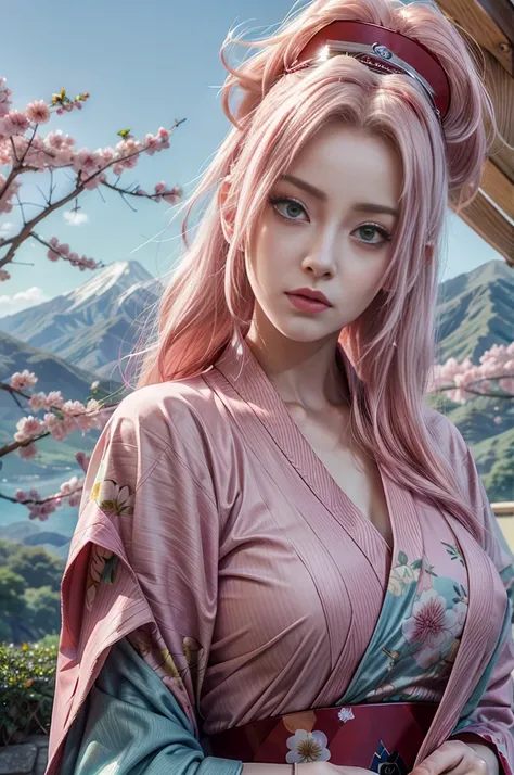 young woman, white skin, gathered bubblegum pink hair, wide forehead, pink eyebrows, large emerald green eyes, upturned nose, thick lips, heart-shaped face, multicolored Japanese kimono, cherry blossom, geisha style, wavy background painting and blue cloud...