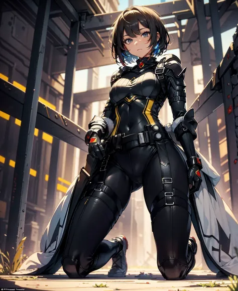 best quality，T Masterpiece，ultimate resolution，fluff，very colorful，colorful，female combatant，（kneeling pose）（pointing at you with his butt）mature woman，Black Super Short Hair，tight combat uniform，tight suit，Steel City Background，night，normal posture，normal...