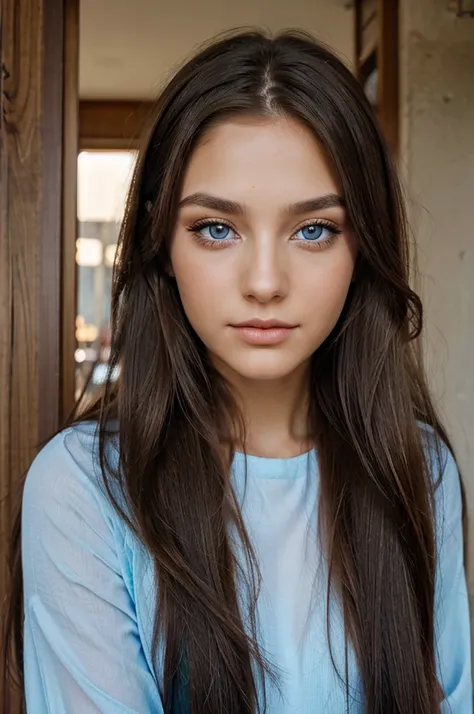 a beautiful girl with light brown long hair and light blue eye s and with beautiful black sparkel desin dresand some beautful simple make up on her fases in the outside
