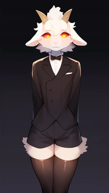 Best quality, Super detailed illustration, (1 boy:1.2), (Fluffy goat:1.4) , shiny black fur color, Body like a girl,  disheveled thick hair, elegant outfit with bow tie, tailcoat, short shorts, Tight stockings, Author: Bebebebebe, Femboys, small waist, wid...