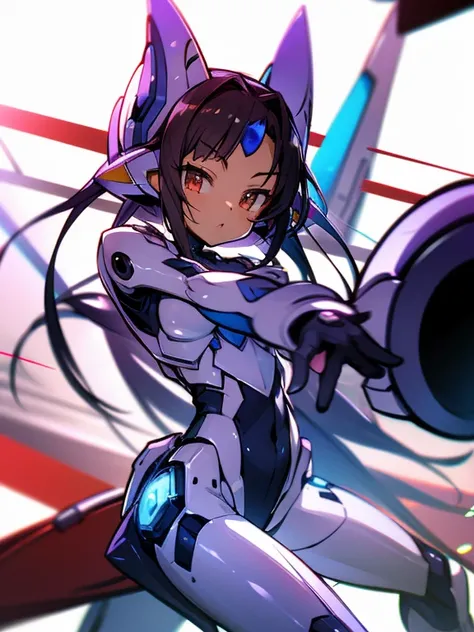 Masterpiece, best quality, highres, amazing quality, flat chested, male, (8 year old boy), shota, (Dark skin), cute, red eyes, very long dark brown hair, blue gem on forehead, white mecha musume armour, white exosuit armour, black powersuit, android girl d...