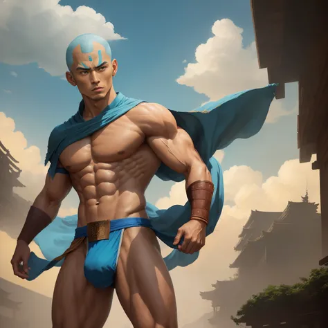 (aang, avatar, airbender,handsome boy), wearing Spartan sheen shirt, ((loincloth)),((underwear bulge)), strong and muscular, (high quality and realistic image), ancient japanese city background, cinematic style, ((Best quality, 8k, Masterpiece)).
