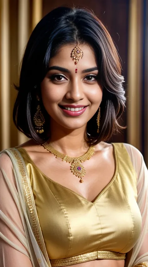 create a hyper realistic one third portrait Indian most attractive and beautiful smiling woman in cream and blue golden line business suit extra big chest, 36D, [[Short equal length wavy haircut]] trending on artstation, portrait, digital art, pretty, soft...