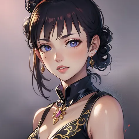 (best quality), ((masterpiece)), (highres), illustration, original, extremely detailed,licg, 1girl, solo, hair ornament, mole under eye, looking at viewer, portrait, mole, hair bun, single hair bun, parted lips, jewelry, bangs, earrings, black hair, eyelas...