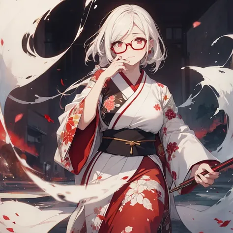 watercolor, woman, affection, one eye hidden, white, red eye, japanese clothes, glasses, fat,whole body