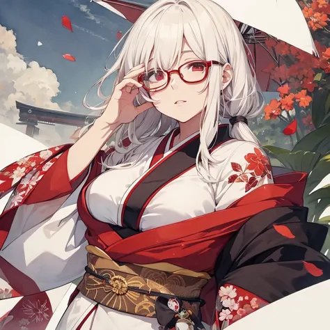 watercolor, woman, affection, one eye hidden, white, red eye, japanese clothes, glasses, fat,whole body