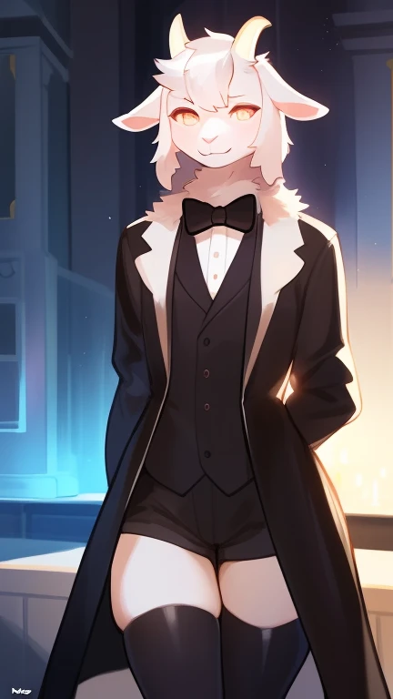 Best quality, Super detailed illustration, (1 boy:1.2), (Fluffy goat:1.4) , (shiny black fur color:1,6), Body like a girl, disheveled thick hair, elegant outfit with bow tie, tailcoat, short shorts, Tight stockings, Author: Bebebebebe, Femboys, small waist...