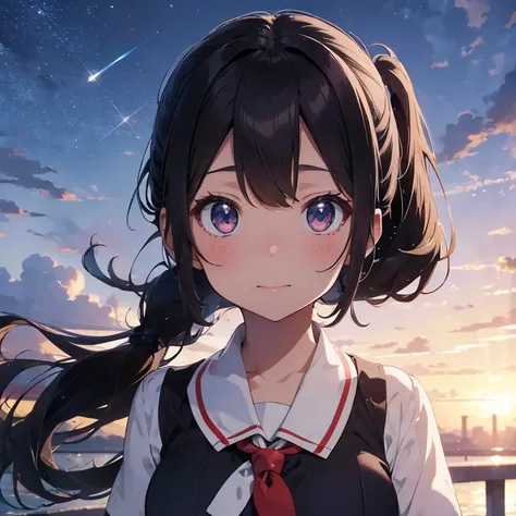 雪の街で写真を撮るuniformを着たアニメの女の子, beautiful anime high school girl, surreal , Detailed portrait of anime girl, High-definition official artwork, surreal , Realistic Female Proofreading, 、uniform、black hair ponytail,blush,(from behaind)