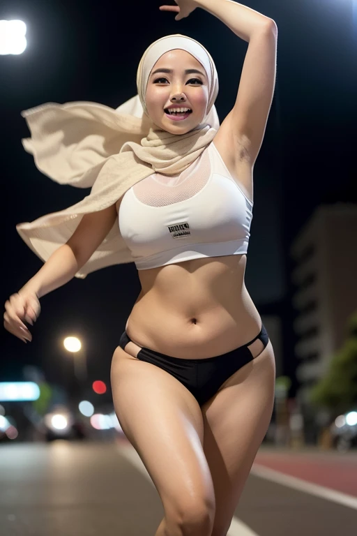 Portrait photo of a young malay girl, (laughing:0.7), (mira filzah face), Malaysian, posing, look at a camera, full body,  black hijab,massive breast,wide hips, complex city background, backlit, (cinematic:1.5), epic realistic, hyperdetailed, detailed skin...