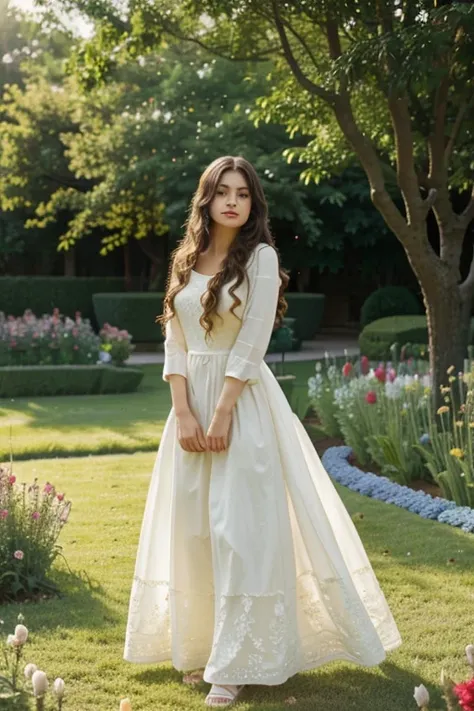 long wavy hair, elegant dress, standing in a blooming flower garden, soft natural lighting, vibrant colors, peaceful atmosphere, breathtaking scenery, HD resolution.