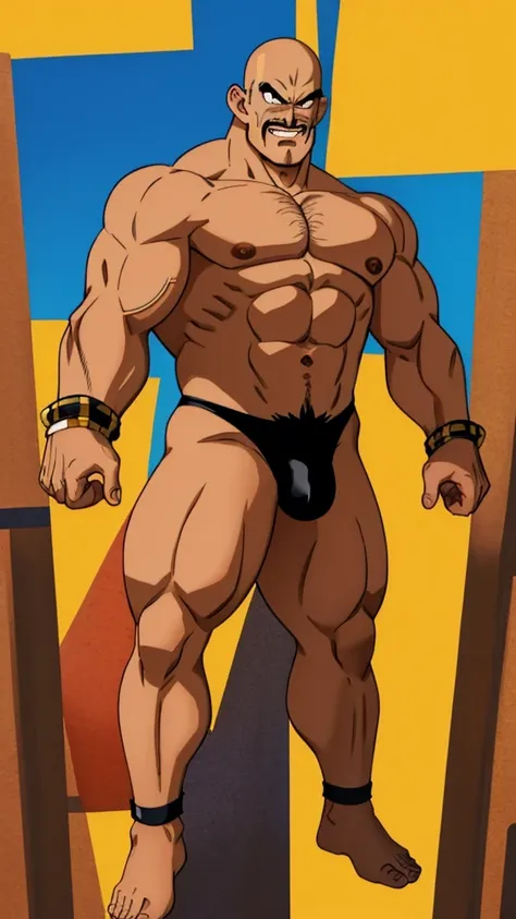 nappa, male focus, solo,cowboy shot, 1boy, bald, nipples, muscular male, angry, abs, grin,black vambraces, veins, pectorals, thighs, black eyes, topless male, mustache, (black briefs), (best quality, masterpiece) , NSFW , BDSM , Massive bulge , full body