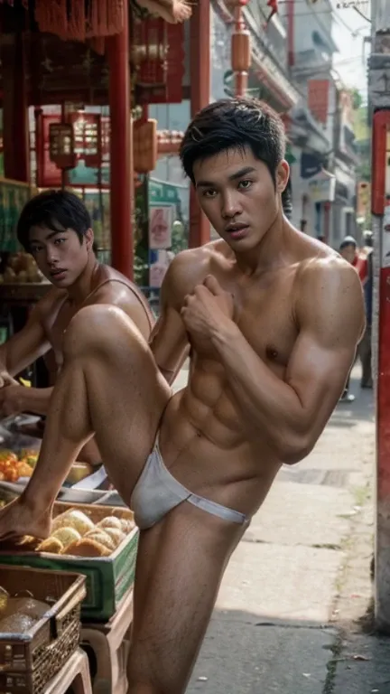 (Handsome Chinese: 1.5), Two Thai-Chinese men full-fledged teenager,without clothes,Fighting in the middle of the Thai market,with realistic details, Realistic photos, The surface is textured., looking into camera, 18-year-old boy,Handsome face,white skin,...