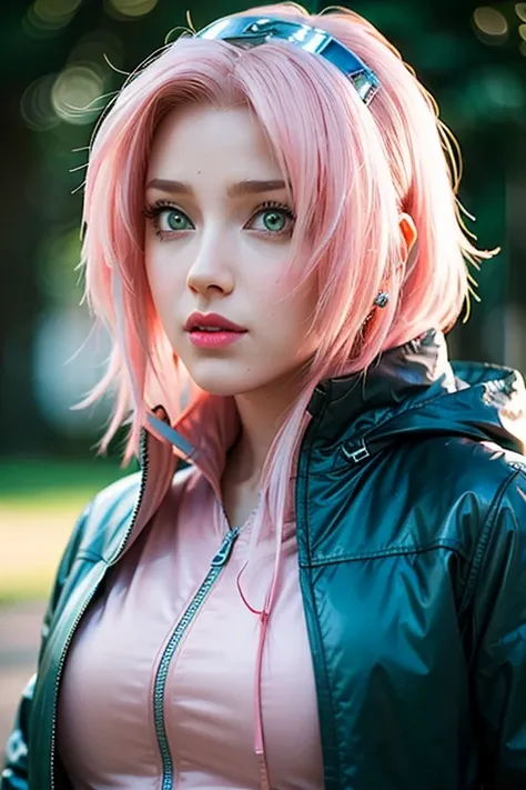 young woman, white skin, long bubblegum pink hair, wide forehead, pink eyebrows, big emerald green eyes, upturned nose, full lips, heart shaped face, hooded jacket, high detail, sharp focus, Sakura Haruno, realistic, realism , 3d