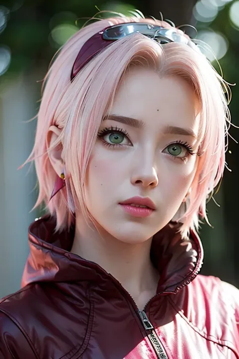 young woman, white skin, long bubblegum pink hair, wide forehead, pink eyebrows, big emerald green eyes, upturned nose, full lips, heart shaped face, hooded jacket, high detail, sharp focus, Sakura Haruno, realistic, realism , 3d