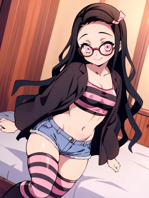 1girl, small breasts, small hips, pink eyes, black hair, crop top, denim shorts, bedroom, striped thighhighs,,pervert, , glasses, vamp