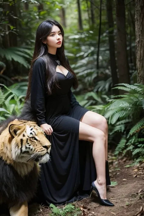 18-old beautiful girl is sitting with lion, tiger and old man in the forest.She has long hair and wearing black dress.big body.