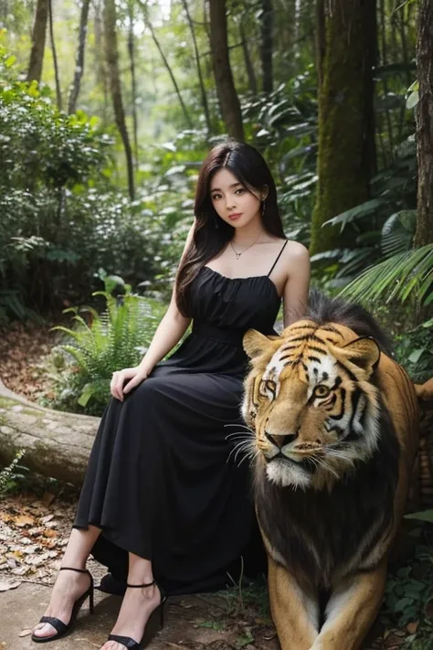 18-old beautiful girl is sitting with lion, tiger and old man in the forest.She has long hair and wearing black dress.big body.