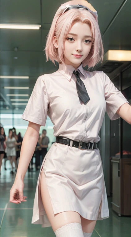 young woman, white skin, bubblegum pink hair up, wide forehead, pink eyebrows, big emerald green eyes, upturned nose, full lips, perfect smile, heart-shaped face, white dress, high detail, sharp focus, Sakura Haruno, realistic , realism, 3d