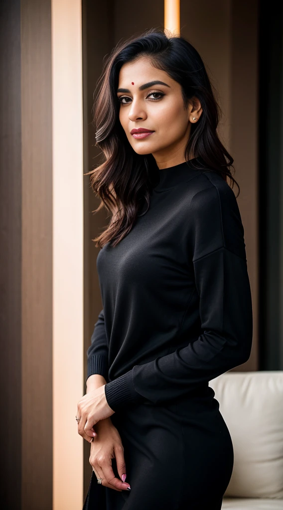 Portrait of Indian most beautiful and attractive serious Punjabi woman in her 40s as a beautiful female model, beautiful face, [[One Length Midi or Mid Length Hairstyle]] Her dark hair falls in loose waves around her face, black shirt cocktail sweater dres...