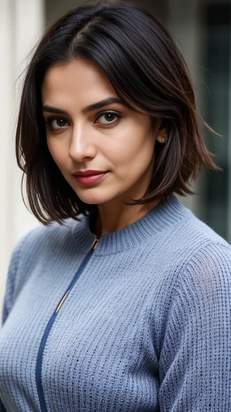 create a hyper realistic vertical photo of Indian most attractive serious woman flirty gaze in her 40s, blue sweater suit, Layered Bob for Thick Hair, trending on art station, portrait, digital art, modern, sleek, highly detailed, formal, determined, CEO, ...