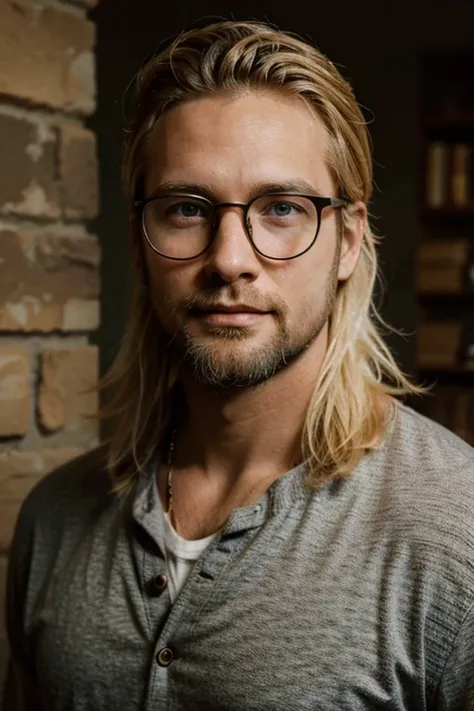 Man blonde ,32 years old with a beard and glasses.