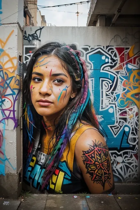 A young woman with colorful hair and tattoos poses in front of a graffiti-covere