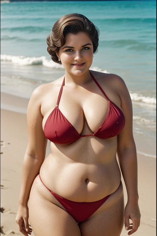 MILF,  BBW, photo vintage, visage féminin parfait,  tache de rousseur, 1969, Tout de suite,  Suscité, gros seins énormes : 38H, vue de face, beaux yeux, belles mains, sourires légers, PLAN GROS PLAN, PETIT BIKINI ROUGE, PLAGE