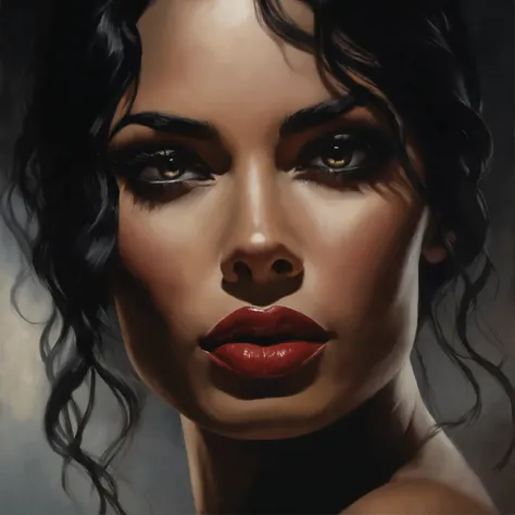 (low angle view)(woman)(black hair)(naked)(tall and menacing), (oil painting)(detailed face, eyes, and lips), (soft brushstrokes)(dark and mysterious atmosphere), (strong chiaroscuro lighting), (best quality, highres, masterpiece:1.2), (ultra-detailed)(rea...