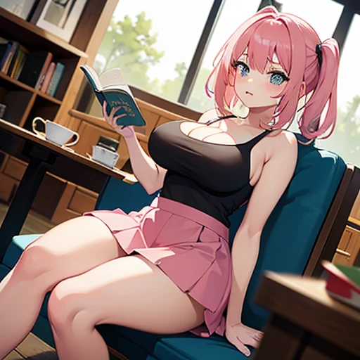 I want a young girl with pink hair, with big tits, and big hips, with a short tight skirt, with a tight top, in a cafe while reading a book