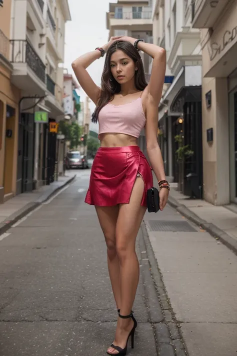 Dslr photo, (extraarms:1.2), (8k, 4k, masterpiece),beautiful pretty filipina asian woman, (girly), (feminine), outdoors, street, thin strap sleeveless pink skirt, long dark hair, bracelets, arm bands, blurry background, (lower hands on hips), (elbows out),...