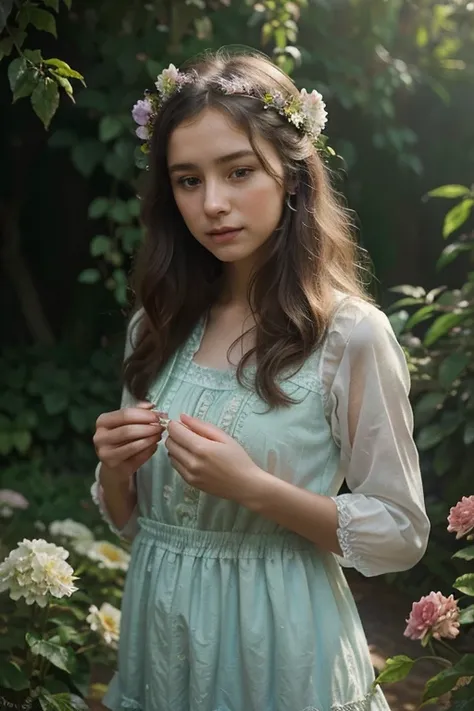 A young girl wearing a blue dress and a flower crown.