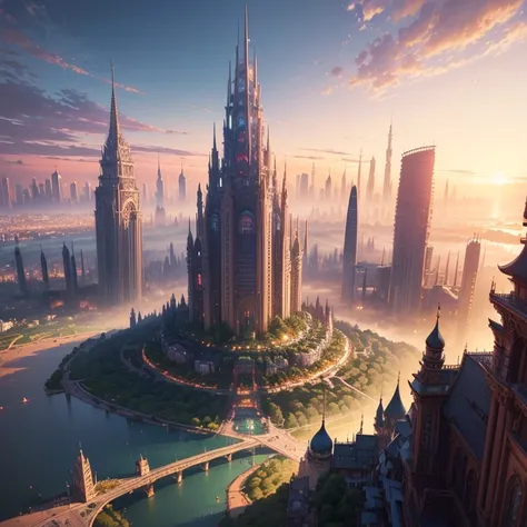 ((masterpiece, highest quality, hires, amazing detail, ultra detailed 1.1)), illustration, trending on artstation, panorama of fantasy city, dense megalopolis, incredibly tall spires, studio ghibli, beautifully rendered, sunset skyline