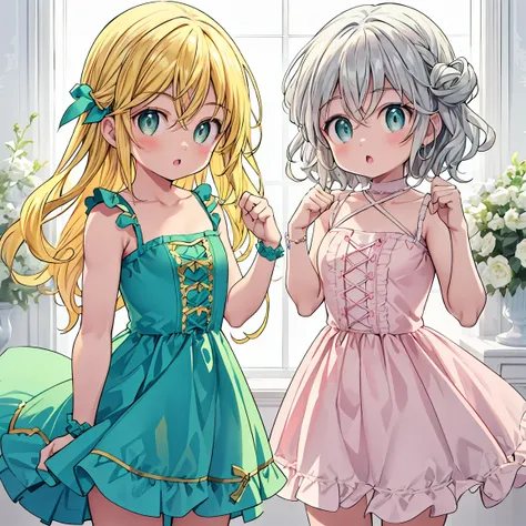 two children, one with curly silver hair and green eyes.  The other with blue eyes and blonde hair.  Both in identical dresses, one in pink and the other in white and yellow.