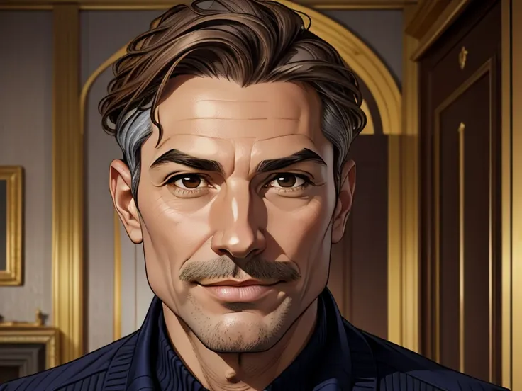 masterpiece, best quality, realistic, 1man, slim male, quiet and charming man, 49 year old, a smirk, closed mouth, gold skin, portrait, extremely detailed face, cold and smirk, ((brown eyes)), ((short wavy gray hair)), [very thick eyebrows], dark palace, (...