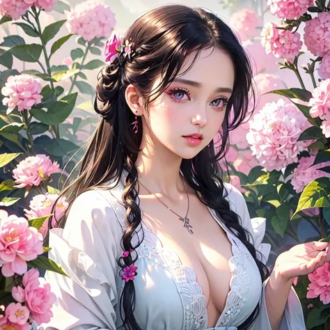 (best quality), ((masterpiece)), (highres), illustration, original, extremely detailed,licg,1girl, hair ornament, solo, flower, hair flower, jewelry, necklace, long hair, white hair, upper body, parted lips, own hands together, dress, looking at viewer, ba...